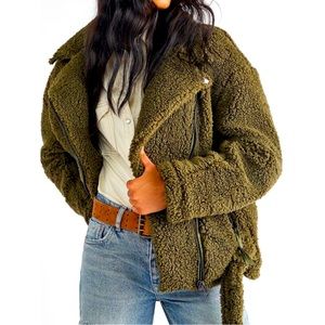 Free People Green Plush Faux Sherpa Slouchy Moto Jacket